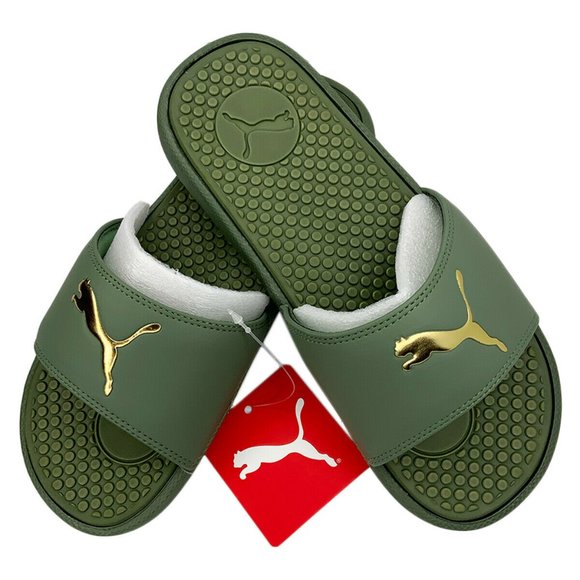 NWT PUMA WOMEN GREEN GOLDEN SLIP ON SLIDES SANDALS - Picture 2 of 4